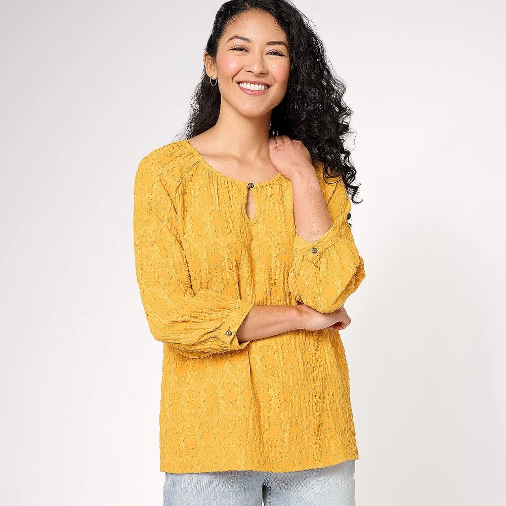 Denim & Co. Canyon Retreat Raglan Slv Top w/ Keyhole Neck -Gold (Sz) a613735 - Picture 3 of 6
